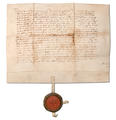 Markrabě Jan Jindřich uděluje Štramberku městské právo (4.12. 1359), rekonstrukce - originál se nedochoval, 32 x 25 cm, pergamen